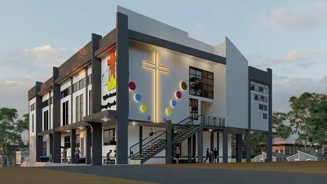 Vue de conception de la façade principale du futur temple